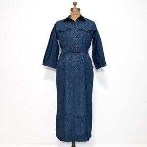 Vintage 80s Billy Jack Dark Denim Western Long Sleeve Maxi Dress Size 9/10
